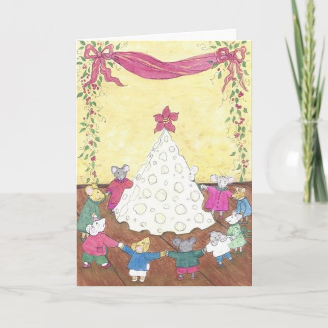 Mäuse um einen Käse Weihnachtsbaum Feiertagskarte (Vorderseite)