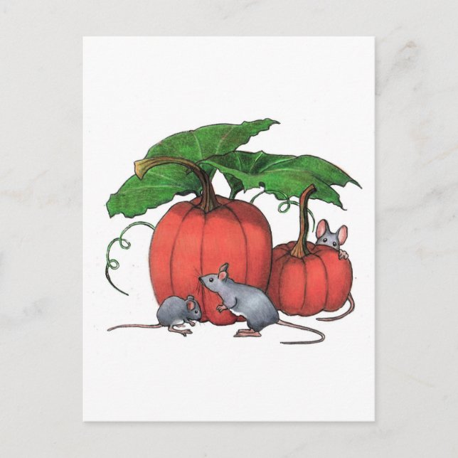 Mäuse und Pumpkins: Niedliche Herbstszene: Kunst Postkarte (Vorderseite)