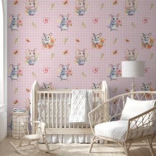 Mäuse verzaubern auf rosa Gingham Karo mit Blume Tapete