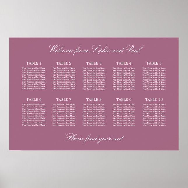 Mauve 10 Tisch Hochzeit Sitzordnung Poster (Vorne)