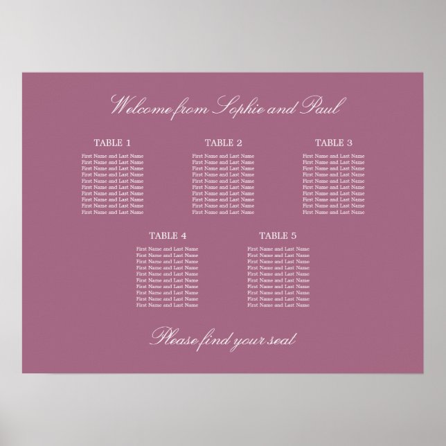 Mauve 5 Table Wedding Chart Poster (Vorne)