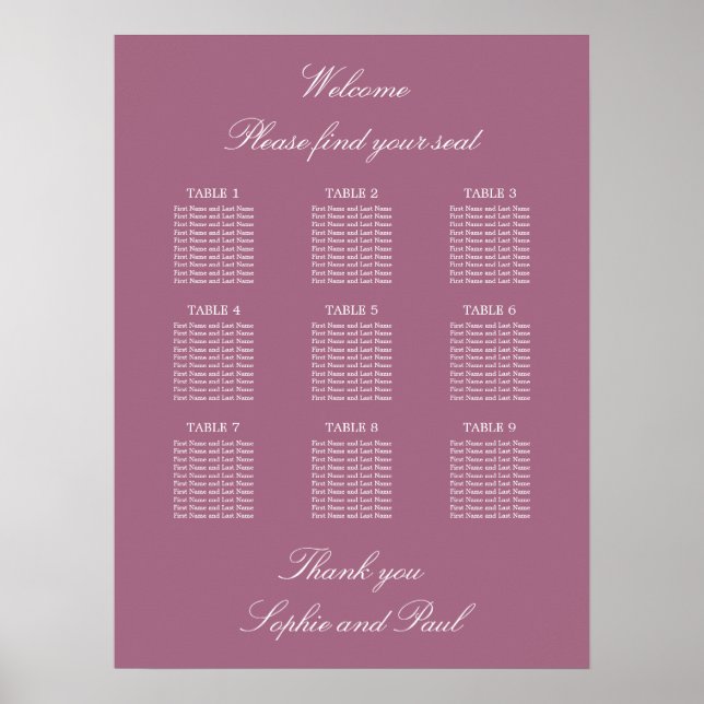 Mauve 9 Table Wedding Chart Poster (Vorne)