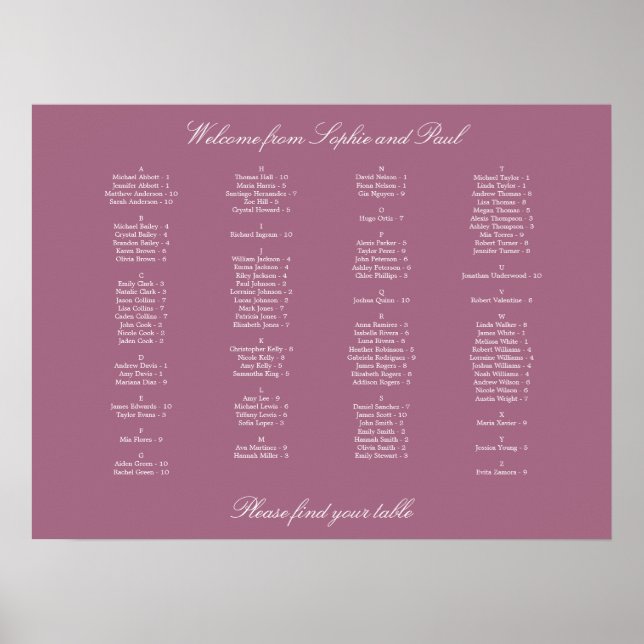 Mauve Alphabetical Seating Chart Poster (Vorne)