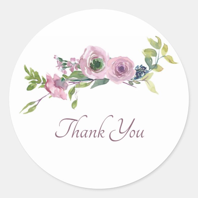 Mauve Aquarell floral vielen Dank klassische Runde Runder Aufkleber (Vorderseite)