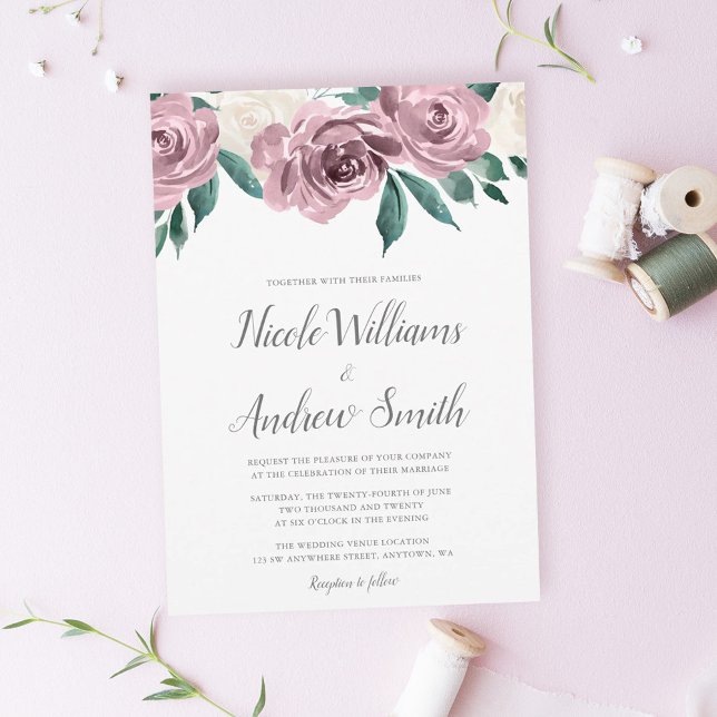 Mauve Aquarelle Rose Floral Wedding Invitations (Créateur téléchargé)