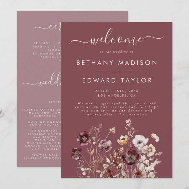 Mauve Autumn Floral Wedding Programm (Vorne/Hinten)