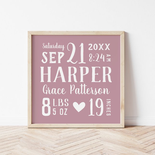 Mauve Baby Girl Birth Stats Keepake Poster (Von Creator hochgeladen)