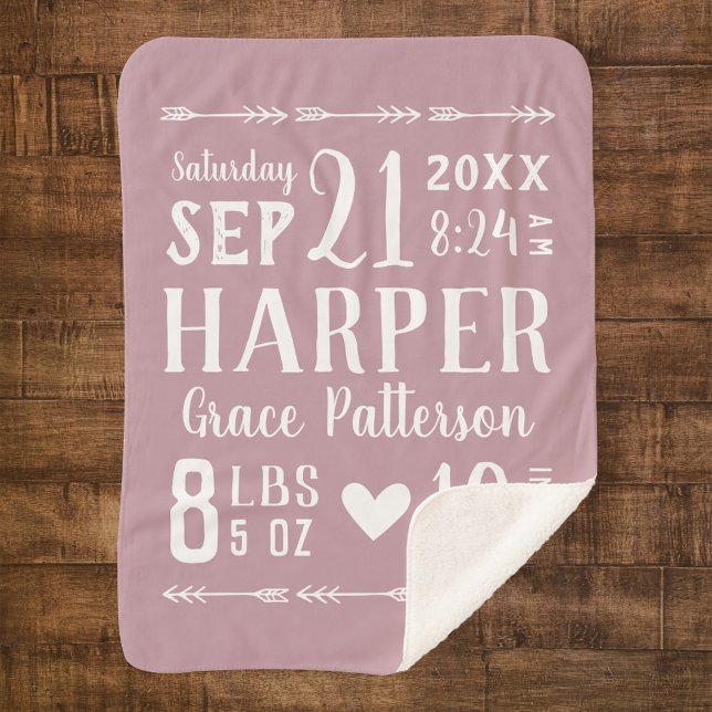 Mauve Baby Girl Birth Stats Keepake Sherpadecke (Von Creator hochgeladen)