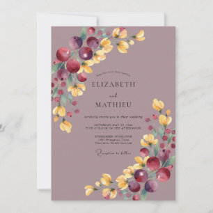 Mauve-Beeren-Blüten-Hochzeit Einladung