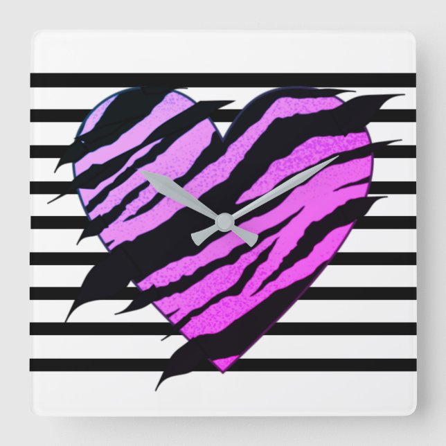 Mauve & Black Lovehart Design Square Wall Clock Quadratische Wanduhr (Vorderseite)