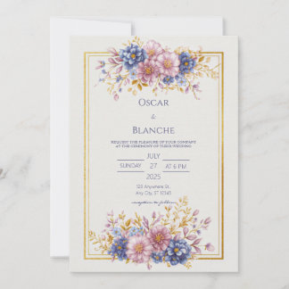Mauve Blue Botanical Gold Frame Wedding Einladung