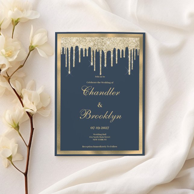 Mauve Blue Gold Glitzer Tropfen Luxus Hochzeit Einladung (Mauve blue gold glitter drips luxury Wedding )