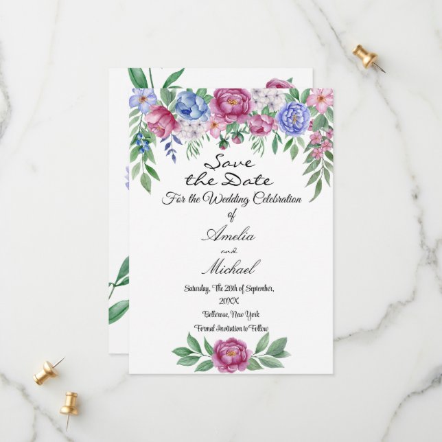 Mauve Blue Peonies Floral Save The Date (Vorderseite/Rückseite Beispiel)