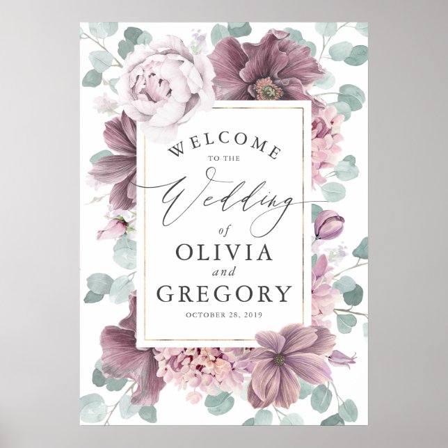 Mauve Blume Elegante Grüne Hochzeit Willkommen Poster (Vorne)