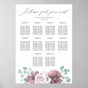 Mauve-Blume und Eukalyptus-Hochzeitstabelle Poster