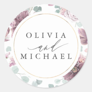 Mauve Blume und Goldrahmen Elegante Hochzeit Runder Aufkleber