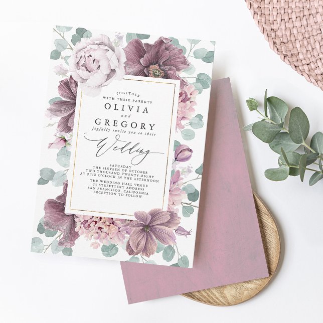 Mauve Blume und Grüne Elegant Stilvolle Hochzeit Einladung (Von Creator hochgeladen)