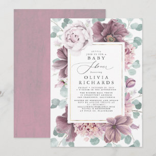 Mauve Blume und Grünpflanzen Elegante Babydusche Einladung