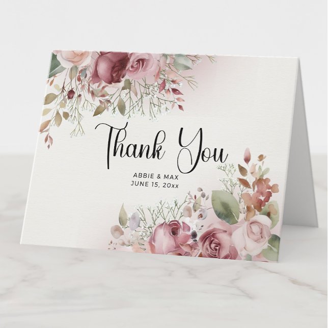 Mauve Blush Bloral 4-Foto Hochzeit Dankeskarte (Elegant mauve and blush rose wedding thank you folded card personalized with 4 photos.)
