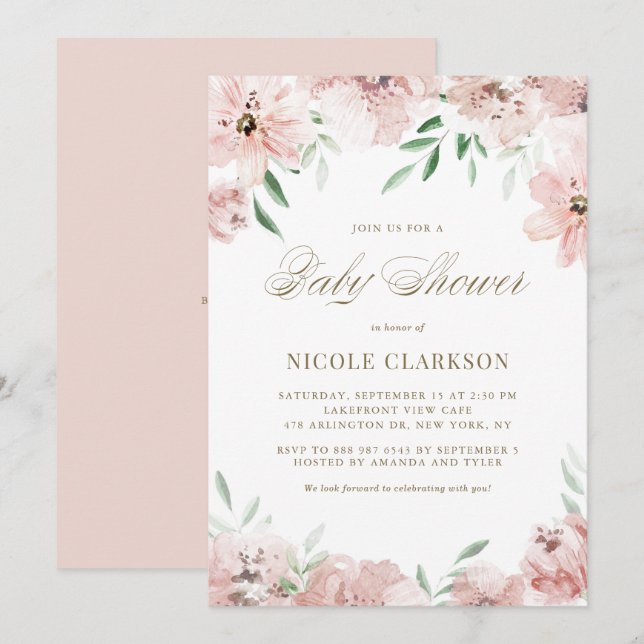 Mauve Blush Pink Aquarell Blume Kinderdusche Einladung (Vorne/Hinten)
