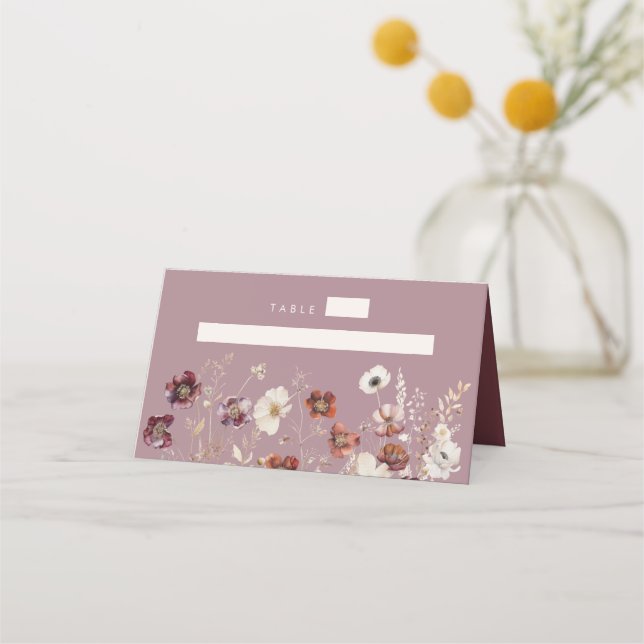 Mauve Boho Fall Wildblume Wedding Platzkarte (Vorderseite)