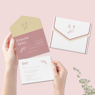 Mauve Champagner + Weiße einfache moderne Hochzeit All In One Einladung