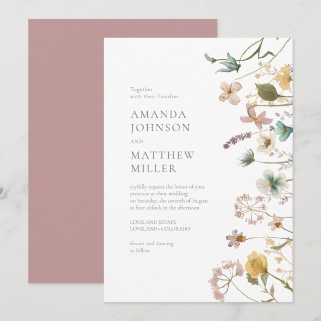 Mauve Chic Spring Delicate Pressed Florals Wedding Einladung (Vorne/Hinten)