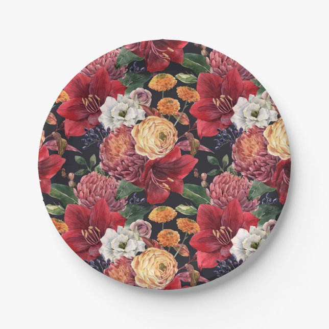 Mauve Chrysanthemums und Red Amaryllis Herbst Pappteller (Vorderseite)