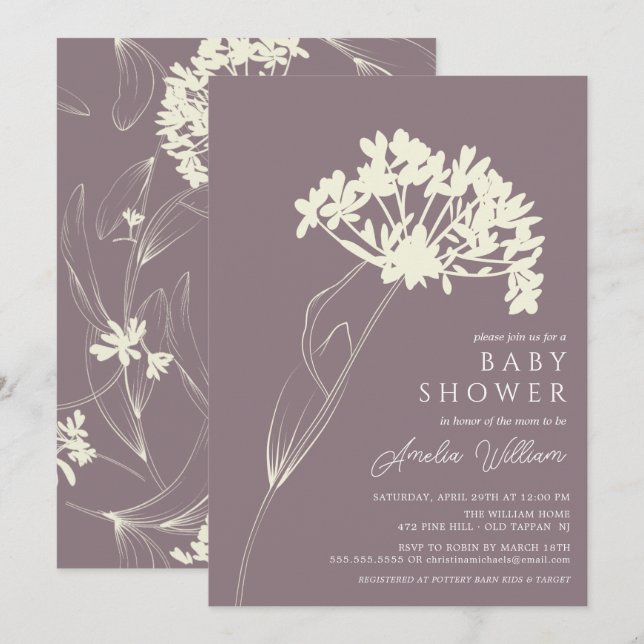 Mauve & Cream Modern Floral Baby Dusche Einladung (Vorne/Hinten)