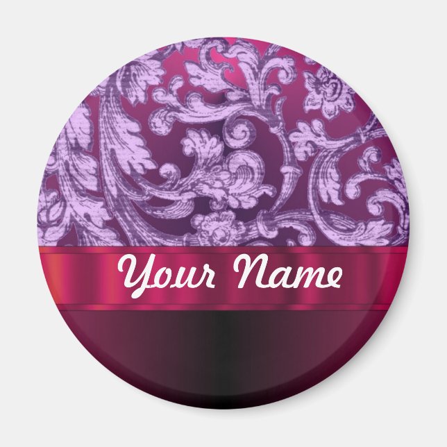 Mauve Damask Blumenmuster auf Magenta Magnet (Vorne)