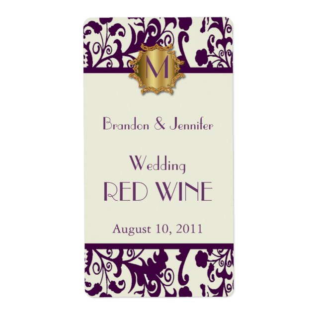 Mauve Damask Monogram Wedding Mini Wine Labels (Vorne)