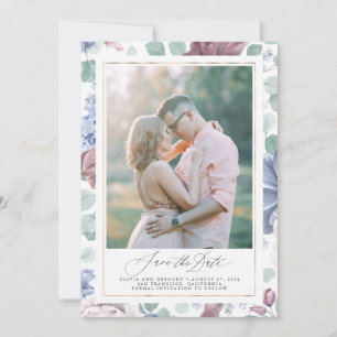 Mauve Dusty Blue Floral Enregistrer La Date Carte 