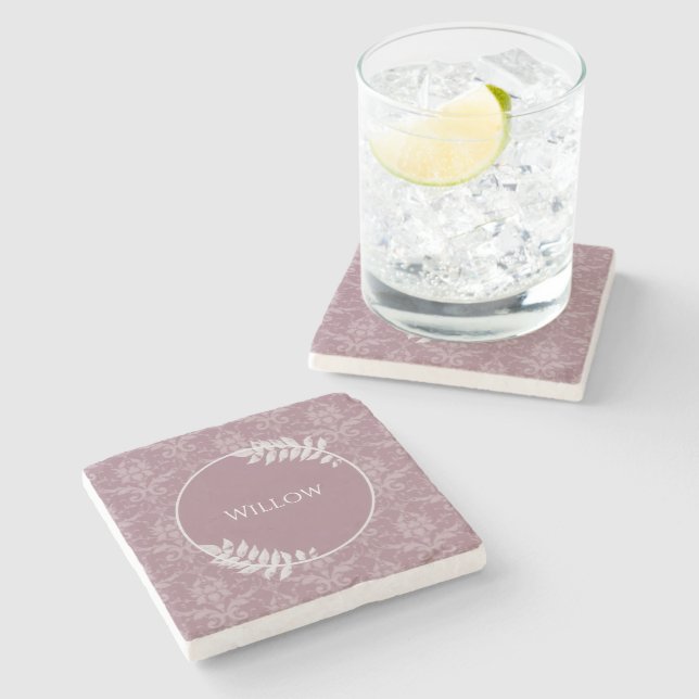 Mauve Elegant Damask Personalisiert Stone Unterset Steinuntersetzer (Seitenansicht)
