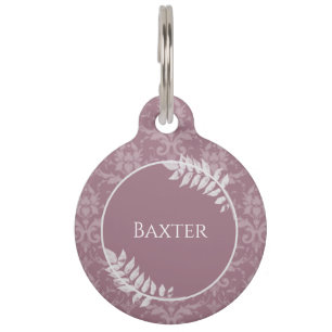 Mauve Elegant Damask Round Pet Tag Haustiermarke