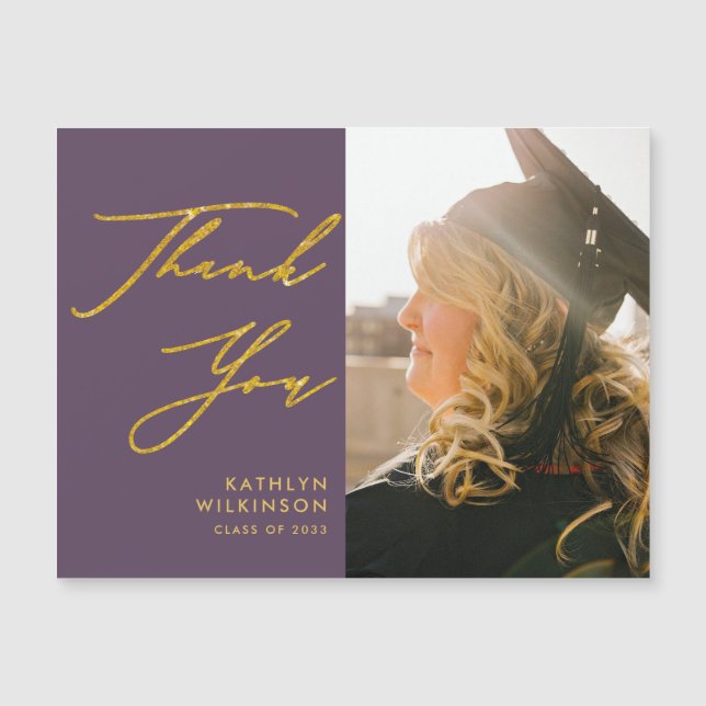 Mauve Elegant Gold Script Abschluss Vielen Dank Magnetkarte (Vorderseite)