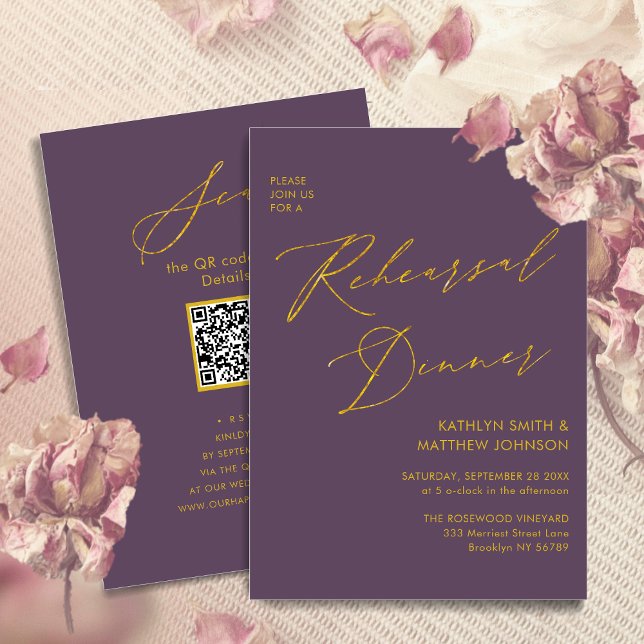 Mauve Elegant Gold Script Probe Dinner QR Code Einladung (Von Creator hochgeladen)