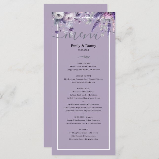 Mauve Elegant Lavender Botanical Wedding Menu Menükarte (Vorne/Hinten)