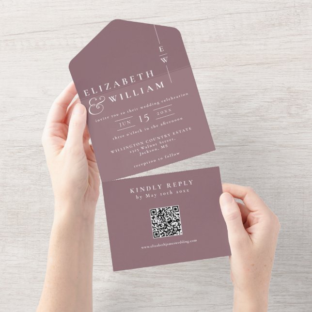 Mauve Elegant Minimalistisch Monogram QR Code Wedd All In One Einladung (Abreißen)