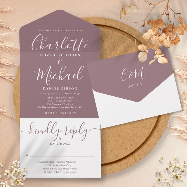 Mauve Elegant Modernes Drehbuch Minimalistische Ho All In One Einladung (Mauve Elegant Modern Script Minimalist Wedding All In One Invitation)
