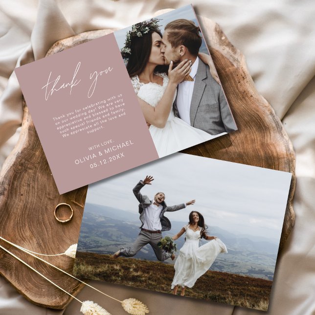 Mauve Elegant Script Foto Wedding danke You Card (Von Creator hochgeladen)