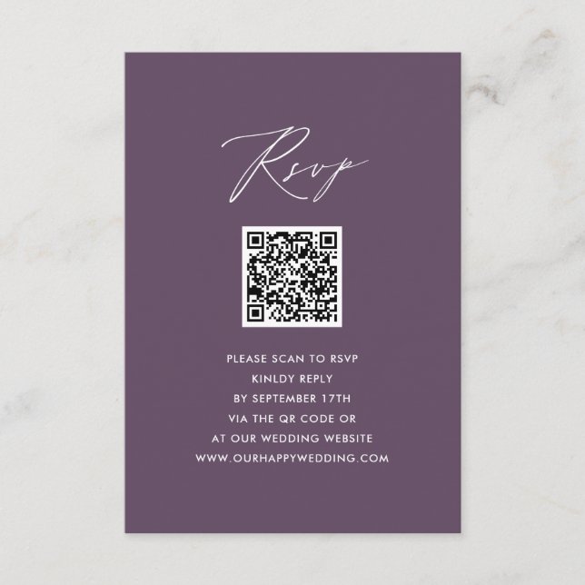 Mauve Elegant Script Minimalistisch QR Wedding RSV Begleitkarte (Vorderseite)