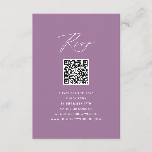 Mauve Elegant Script Minimalistisch QR Wedding RSV Begleitkarte (Vorderseite)