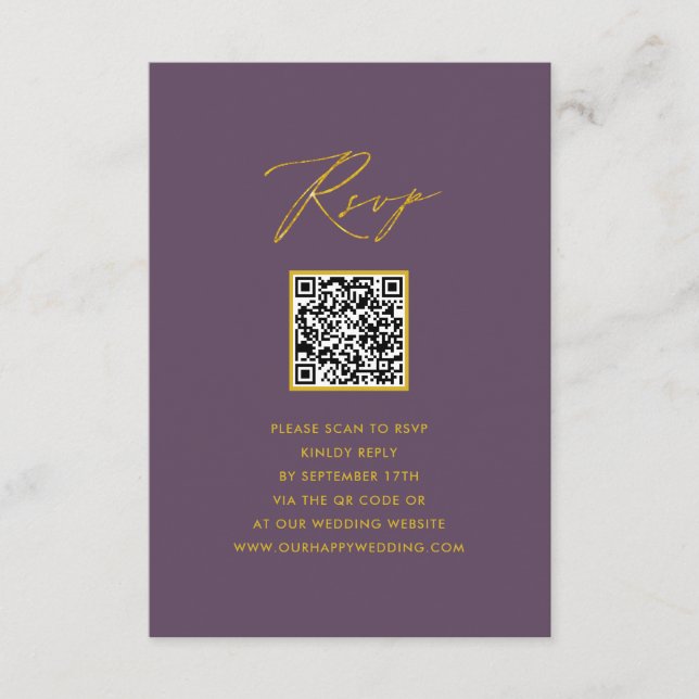 Mauve Elegant Script Minimalistisch QR Wedding RSV Begleitkarte (Vorderseite)