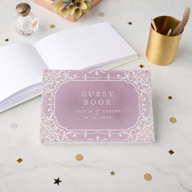 Mauve elegante romantische Hochzeit Gästebuch (Vorderseite Offen)