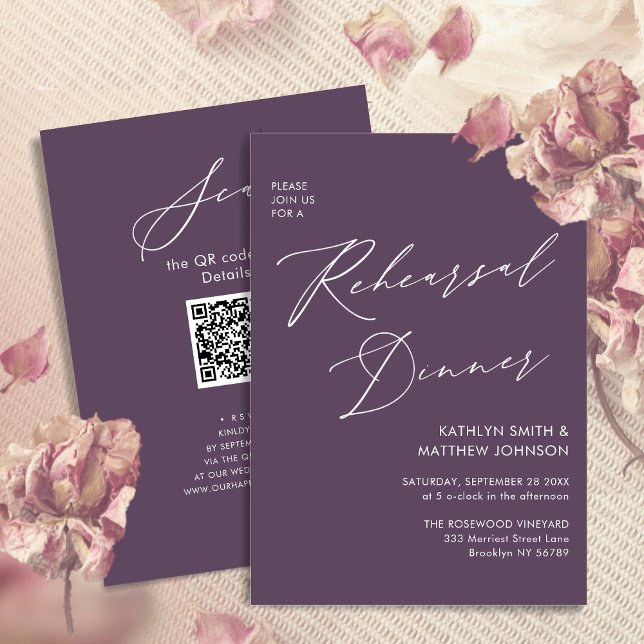 Mauve Elegante Script Probe Dinner Minimal QR Einladung (Von Creator hochgeladen)