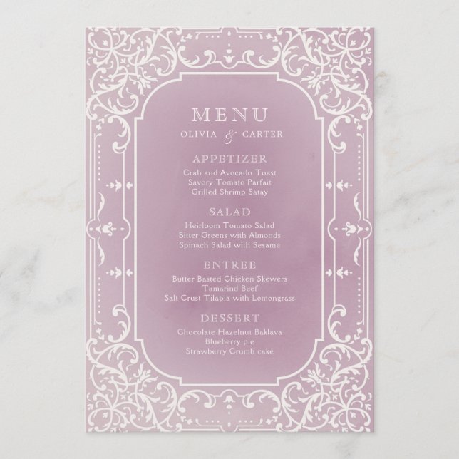 Mauve elegantes romantisches Vintage Hochzeitsmenü Menükarte (Vorderseite)
