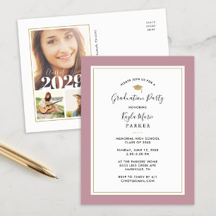 Mauve et Gold 3 Photo Graduation Party Invitation