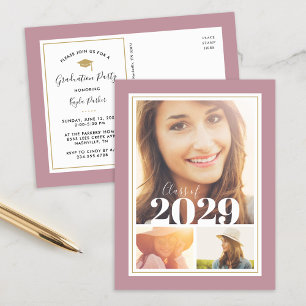 Mauve et Gold 3 Photo Graduation Party Invitation