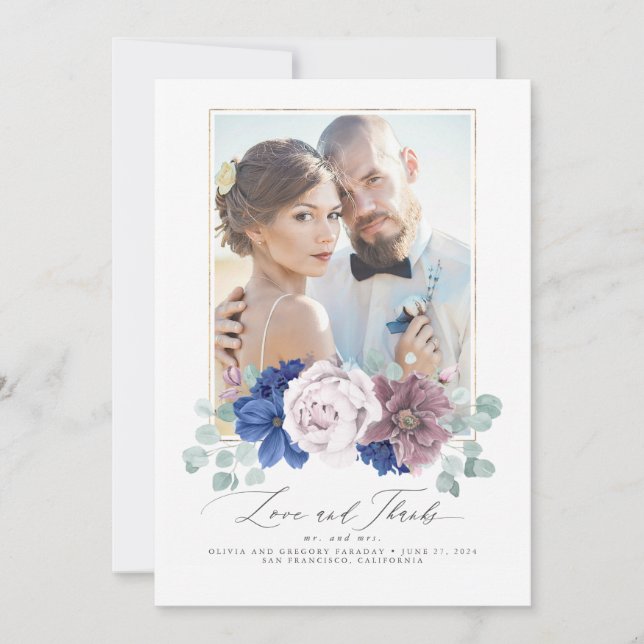 Mauve et Marine Blue Floral Mariage Carte de remer (Devant)