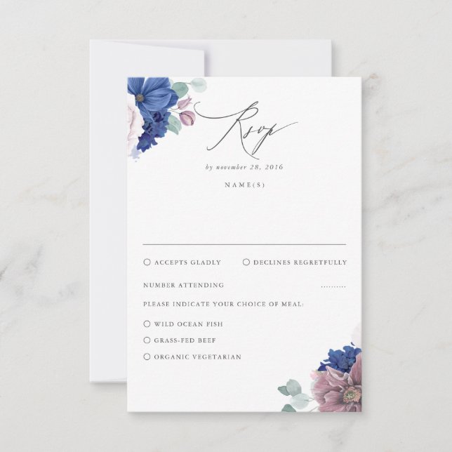 Mauve et Marine Blue Floral Wedding RSVP (Devant)